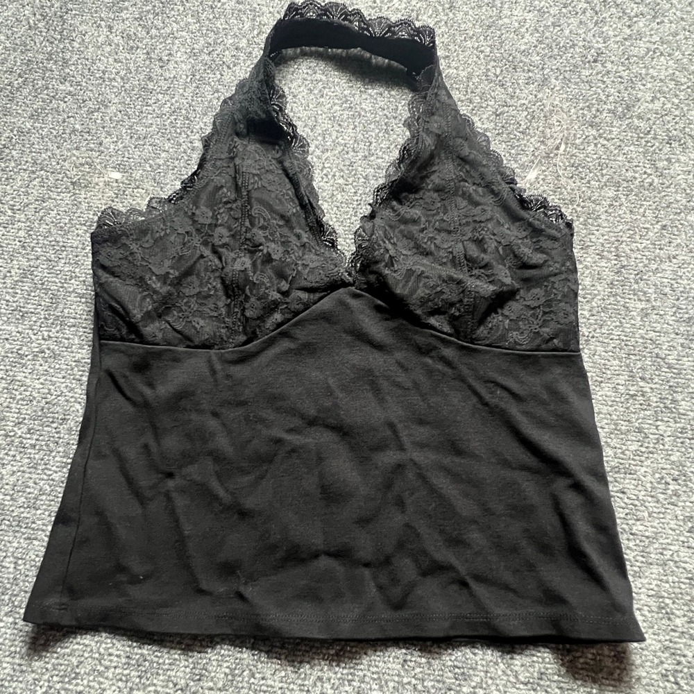 Frankee & Skylarr Black Lace Halter Top V-Neck Floral Bodice Size Large